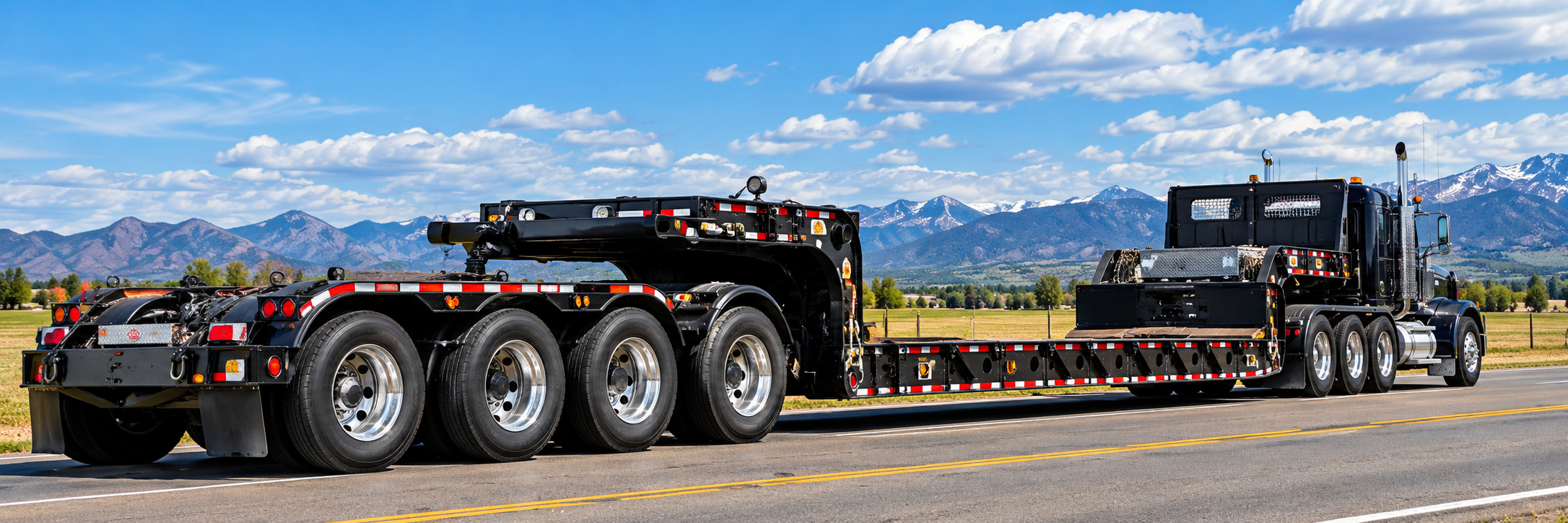 Empty black multi-axle RGN removable gooseneck trailer parked on pavement in front of mountains, used for drive-on loading of heavy equipment