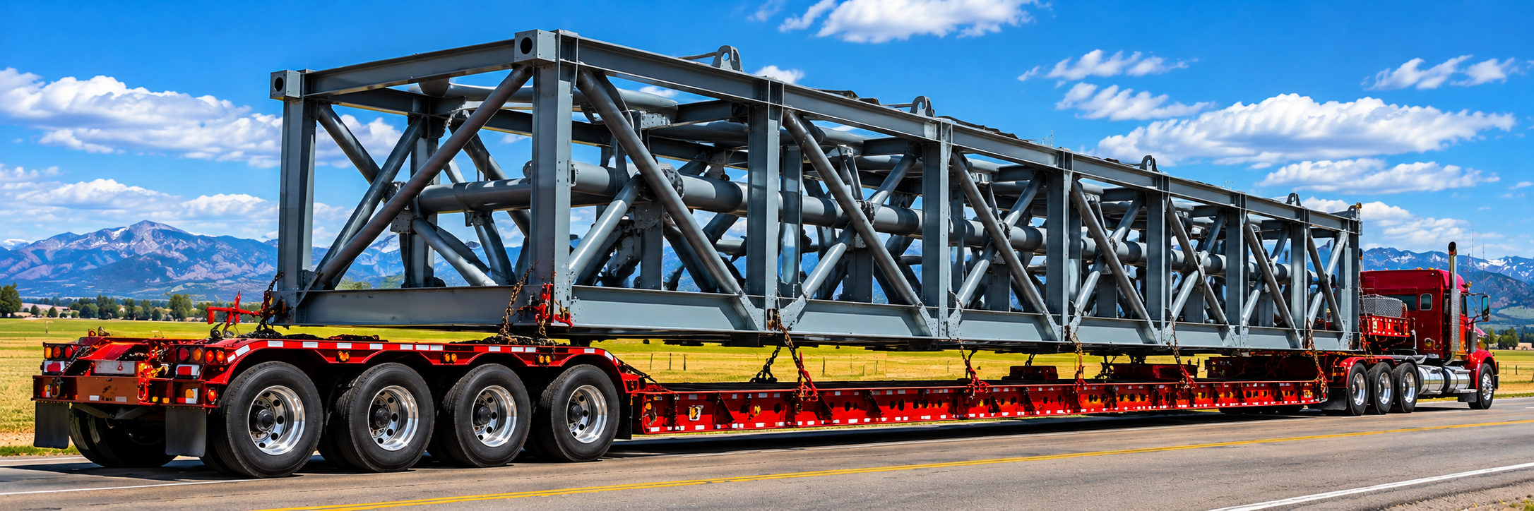 Large steel truss structure secured on a step deck double drop trailer for oversized structural steel transport by Elite Logistics