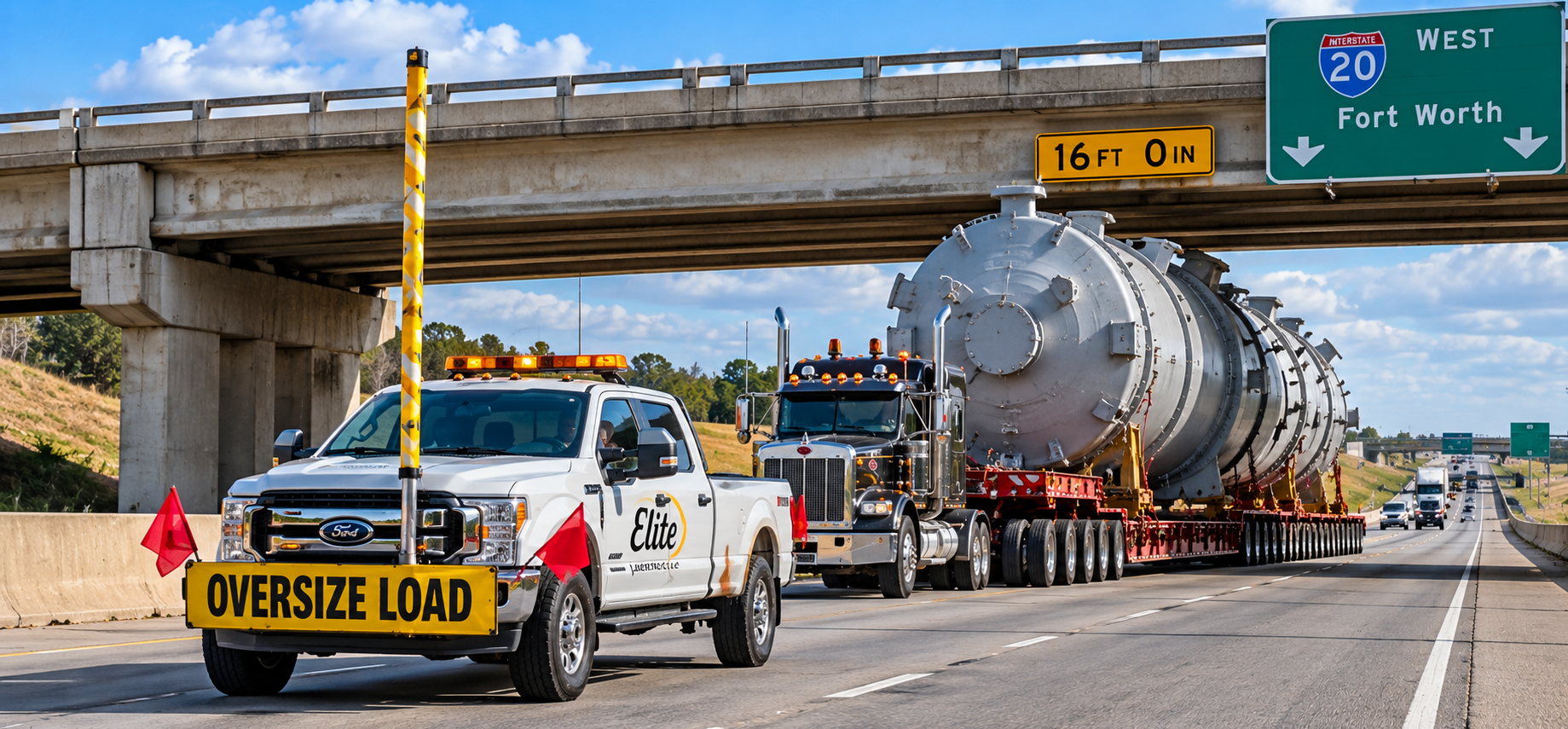 Elite Logistics white pickup pilot car with oversize load banner and height pole escorting a semi hauling a large steel pressure vessel under an I-20 West Fort Worth overpass in Texas