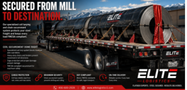 Elite Logistics flatbed truck hauling tarped steel coils secured with chains and red edge protectors, with coil securement features and FMCSA compliance highlights
