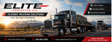 Elite Logistics LLC flatbed trucking banner showing a black semi truck hauling a lumber load on a flatbed trailer past Montana mountains at sunset