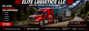 Red Elite Logistics semi truck hauling industrial equipment on a lowboy trailer along a mountain highway.