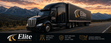 Black Elite Logistics semi truck with a branded dry van trailer on a mountain highway at sunset.
