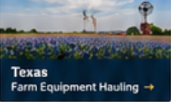 Texas farm equipment hauling service by Elite Logistics, shown with a bluebonnet field, windmills, and a red barn under a blue sky