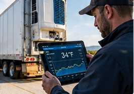 Elite Logistics driver checking real-time reefer trailer temperature at 34°F on a tablet beside a refrigerated truck in Montana