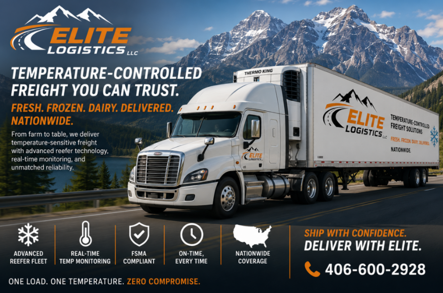 Elite Logistics refrigerated truck hauling temperature-controlled freight past snowy Montana mountains, with reefer trucking services and phone 406-600-2928