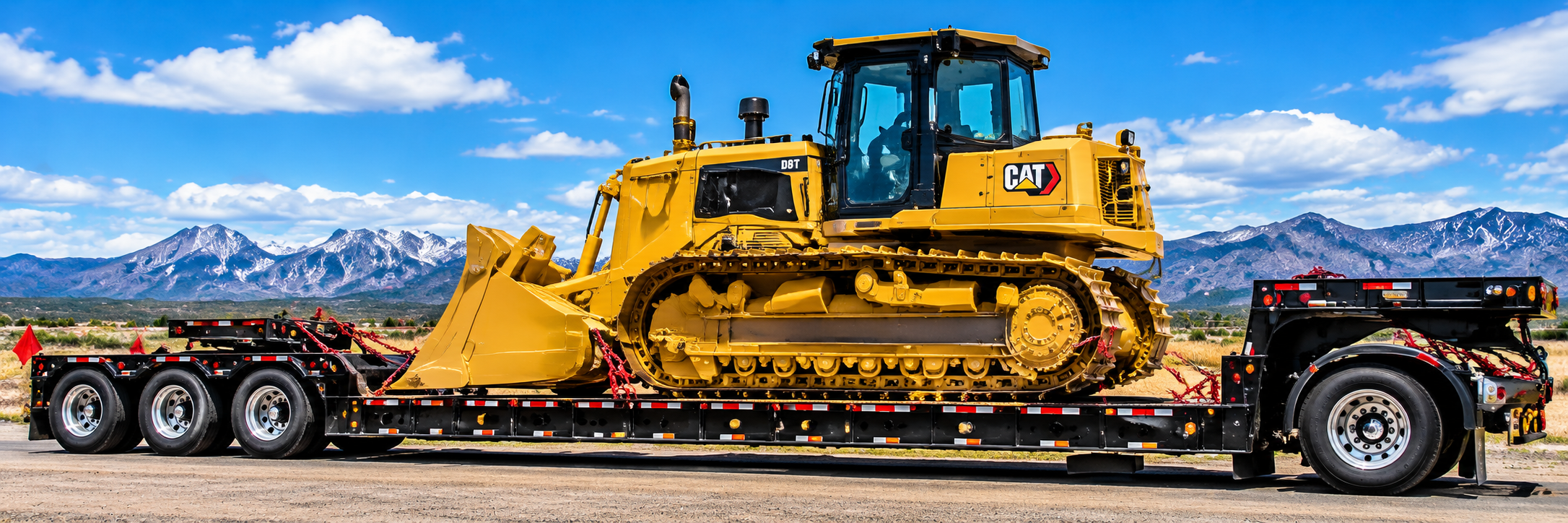 Yellow CAT D8T bulldozer chained down on a black multi-axle lowboy trailer with red safety flags in front of snow-capped Montana mountains for dozer transport