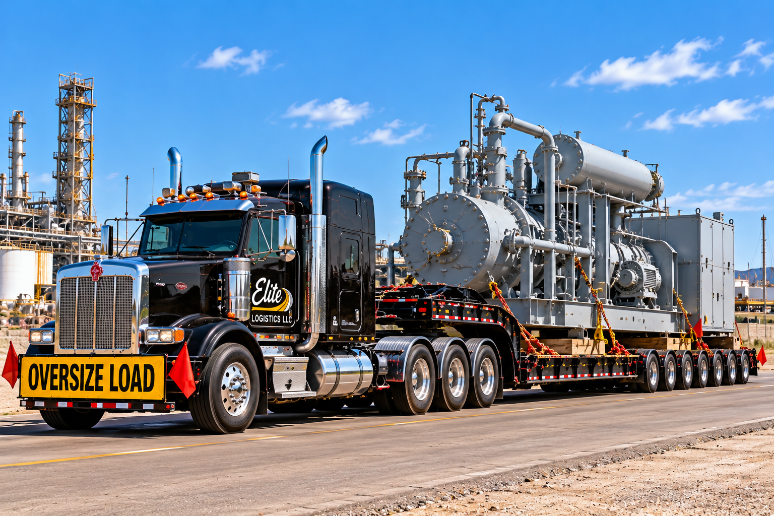 Elite Logistics black Peterbilt with oversize load banner hauling an industrial gas compressor skid on a multi-axle heavy haul trailer past a refinery for compressor skid transport