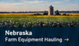 Nebraska farm equipment hauling service by Elite Logistics, shown with green crop rows, golden fields, and a farmstead silo at sunrise