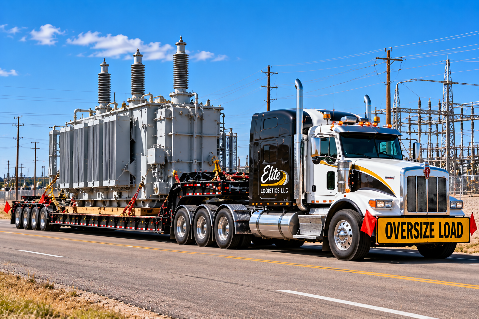 Elite Logistics white and black semi with oversize load banner hauling a large electrical power transformer on a multi-axle lowboy trailer past an electrical substation