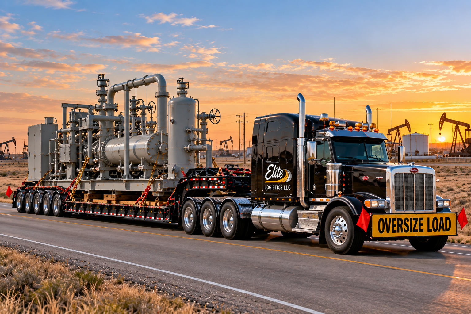 Elite Logistics black Peterbilt with oversize load banner hauling an oilfield process skid on a multi-axle lowboy trailer past pump jacks at sunset for oil and gas equipment transport