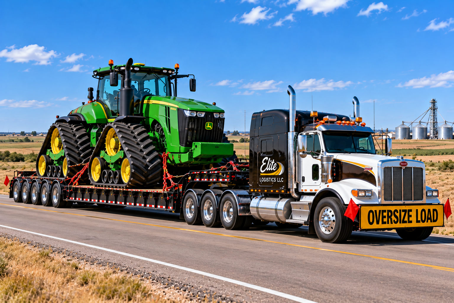 Elite Logistics white and black semi with oversize load banner hauling a green John Deere four-track tractor on a multi-axle lowboy trailer past grain bins for farm equipment hauling