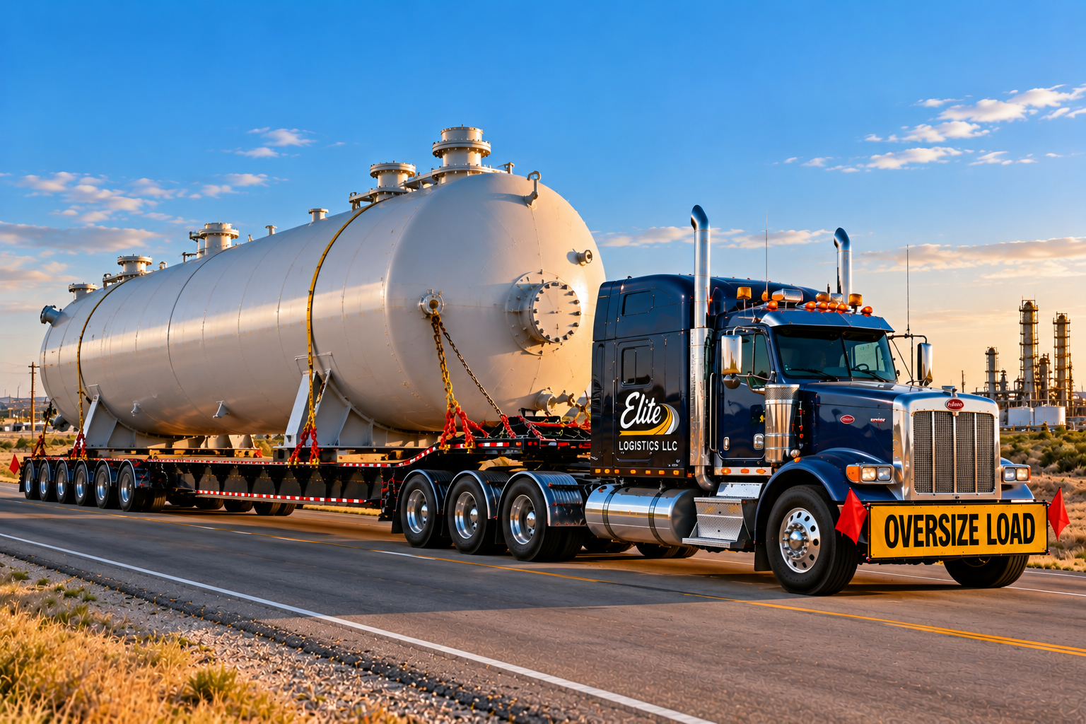 Elite Logistics navy blue Peterbilt with oversize load banner hauling a long white industrial storage vessel on a multi-axle trailer near a refinery for oversized project freight transport