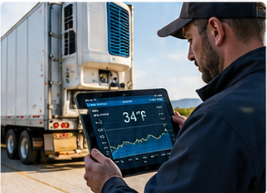 Elite Logistics driver verifying 34°F reefer temperature on a tablet beside refrigerated trailers and produce pallets at a loading dock
