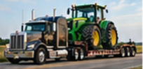 Black semi truck hauling a large green farm tractor on a lowboy trailer for heavy haul tractor transport in Montana