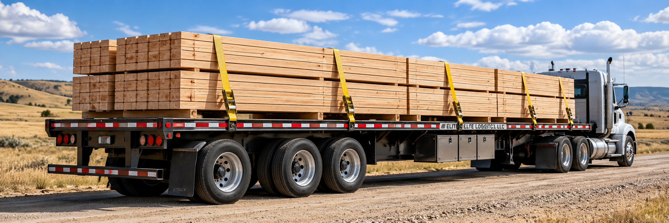 Bundled lumber secured with yellow straps on a flatbed trailer in open countryside.