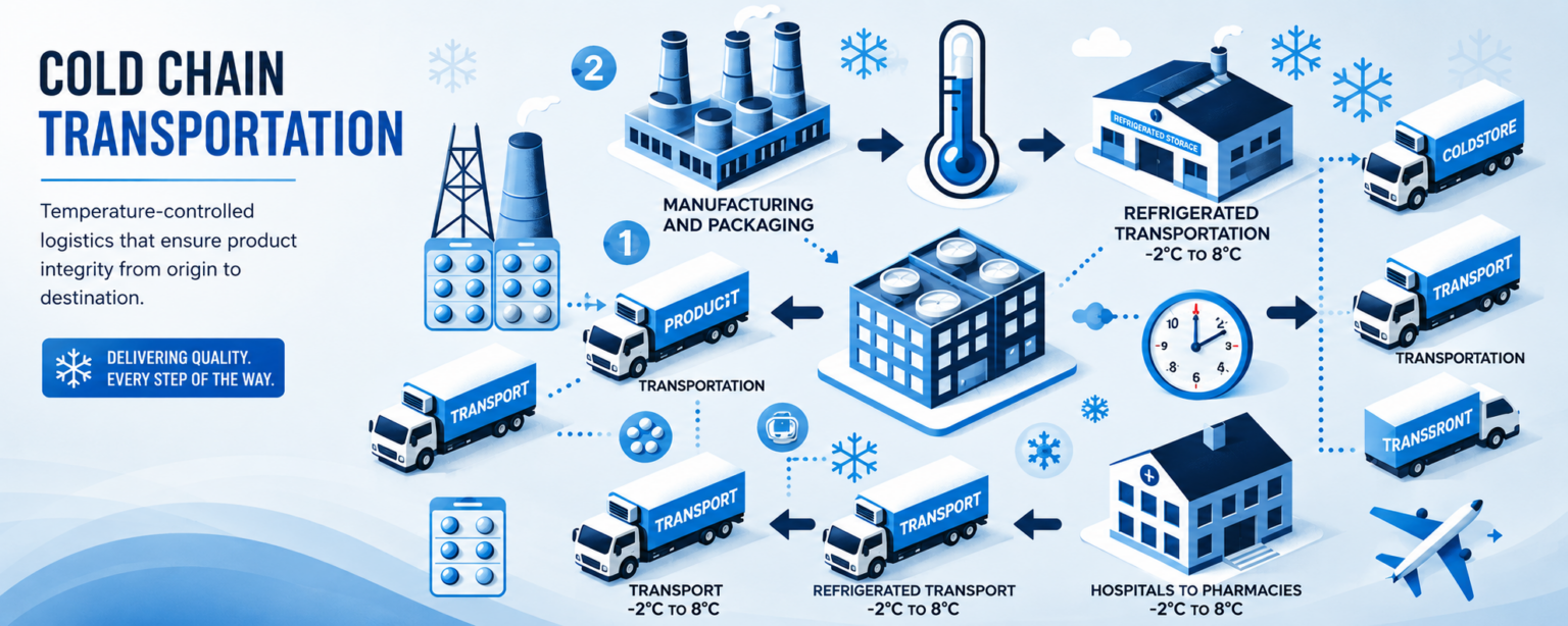 Cold chain transportation infographic showing manufacturing, refrigerated storage, temperature monitoring and delivery trucks.