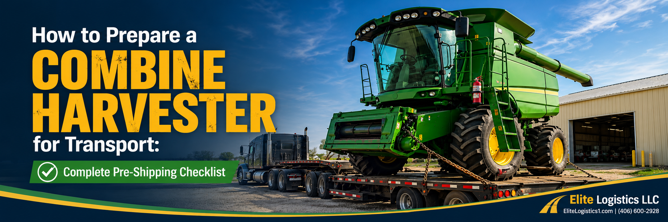 Green combine harvester secured on a transport trailer beside the headline “How to Prepare a Combine Harvester for Transport.