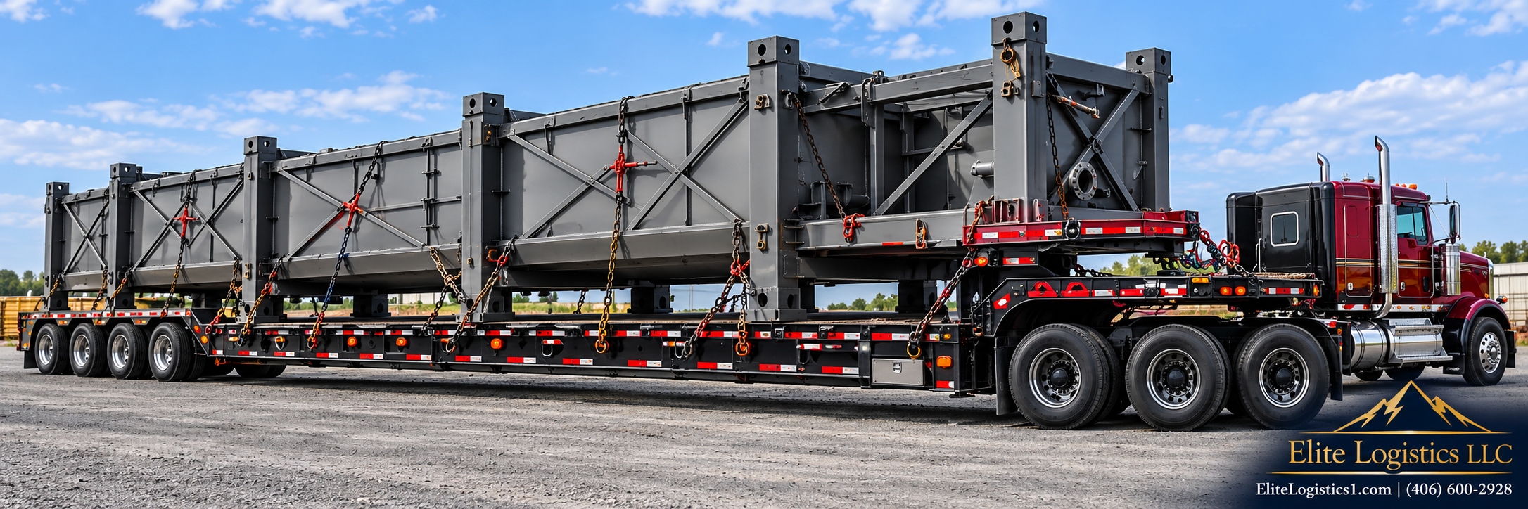 Red semi-truck hauling large gray fabricated steel components secured on a multi-axle trailer.