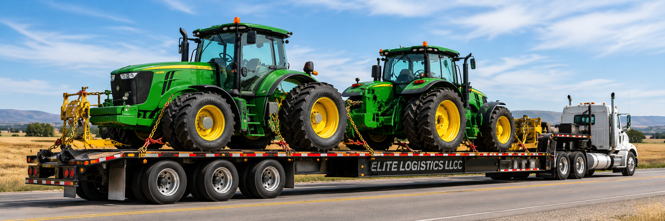 Two green tractors secured on an Elite Logistics flatbed trailer traveling through farmland.