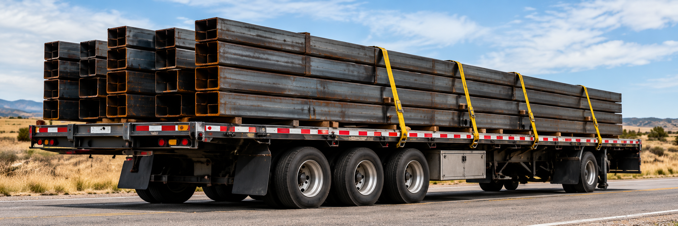 Steel beams secured with yellow straps on a flatbed trailer.