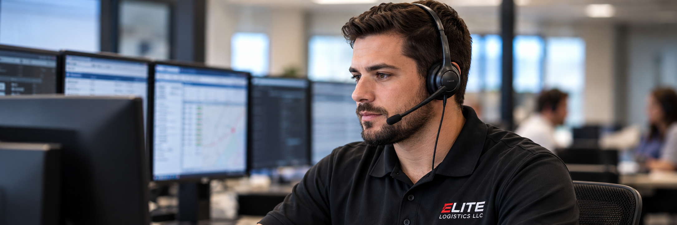 Male freight dispatcher wearing an Elite Logistics polo and headset beside office monitors.