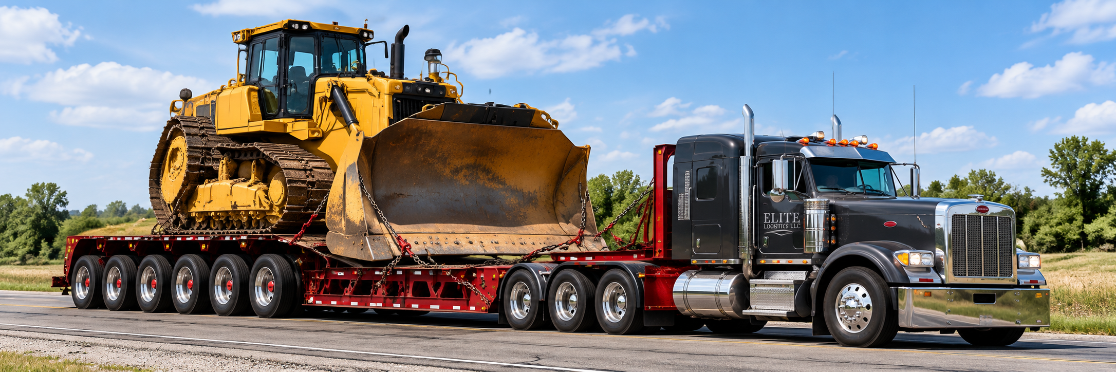 Elite Logistics truck hauling a yellow bulldozer on a red multi-axle lowboy trailer.