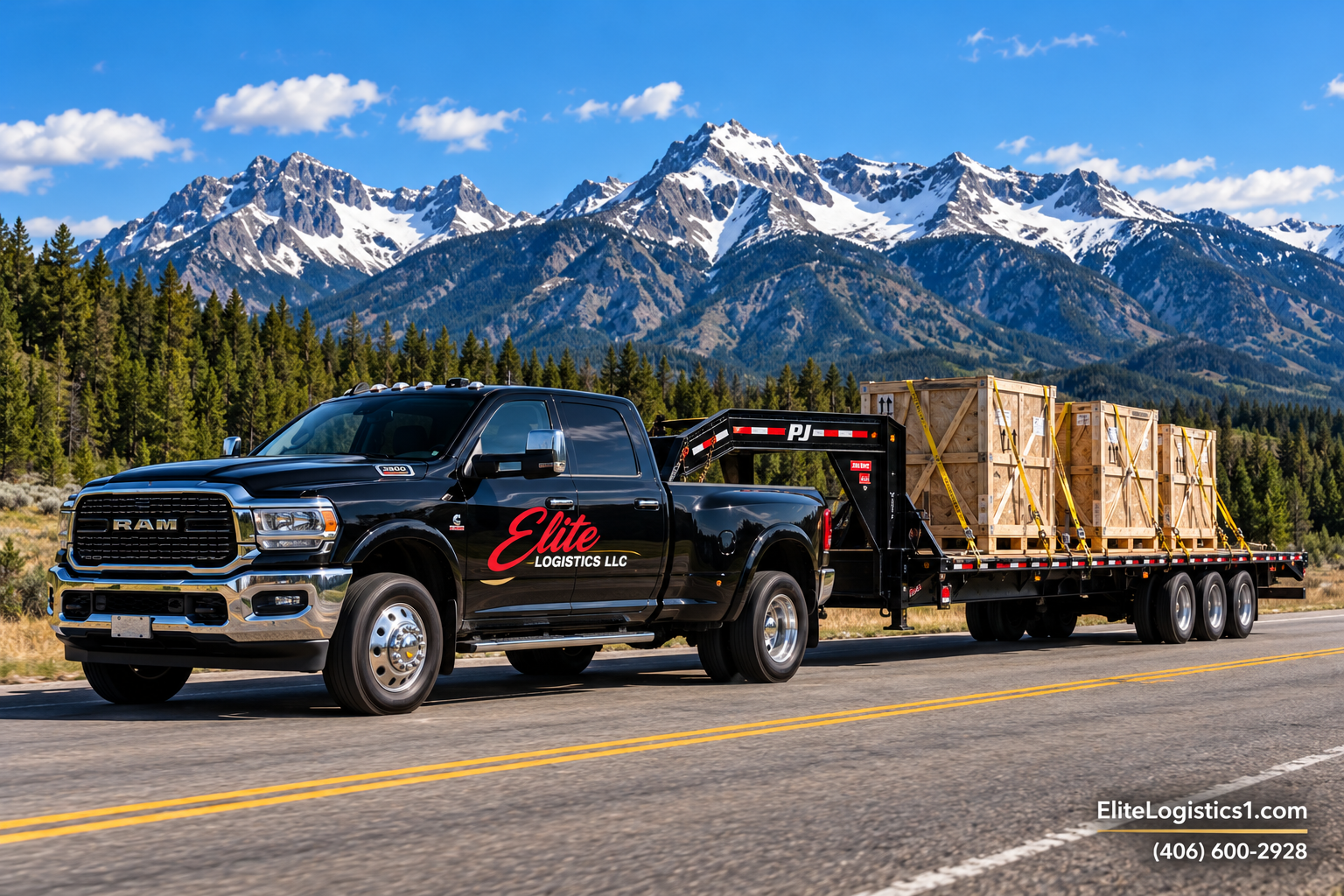 Black Elite Logistics pickup hauling secured wooden crates on a flatbed trailer along a highway beneath snow-covered mountains.