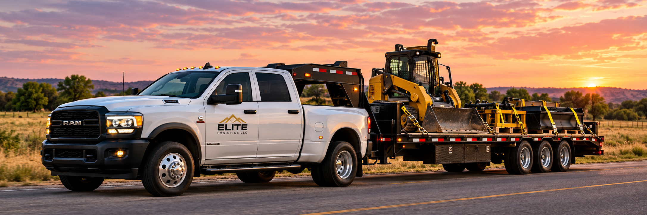 White Elite Logistics pickup hauling a yellow skid steer and attachments on a gooseneck trailer at sunset.