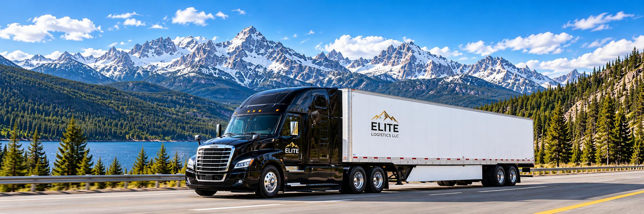 Black Elite Logistics semi and white trailer traveling beside a mountain lake.