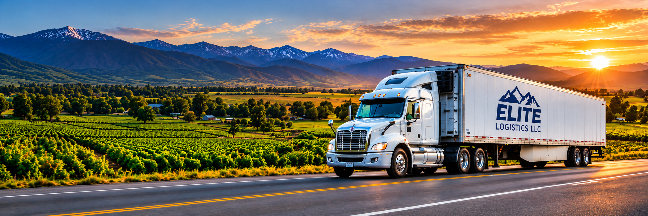 White Elite Logistics refrigerated truck traveling beside green produce fields and mountains at sunset.