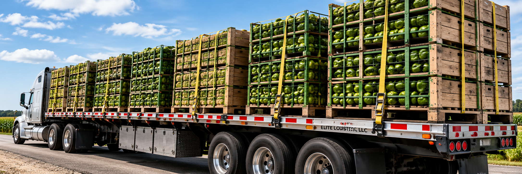 Flatbed truck carrying stacked produce bins secured with yellow straps beside farm fields.