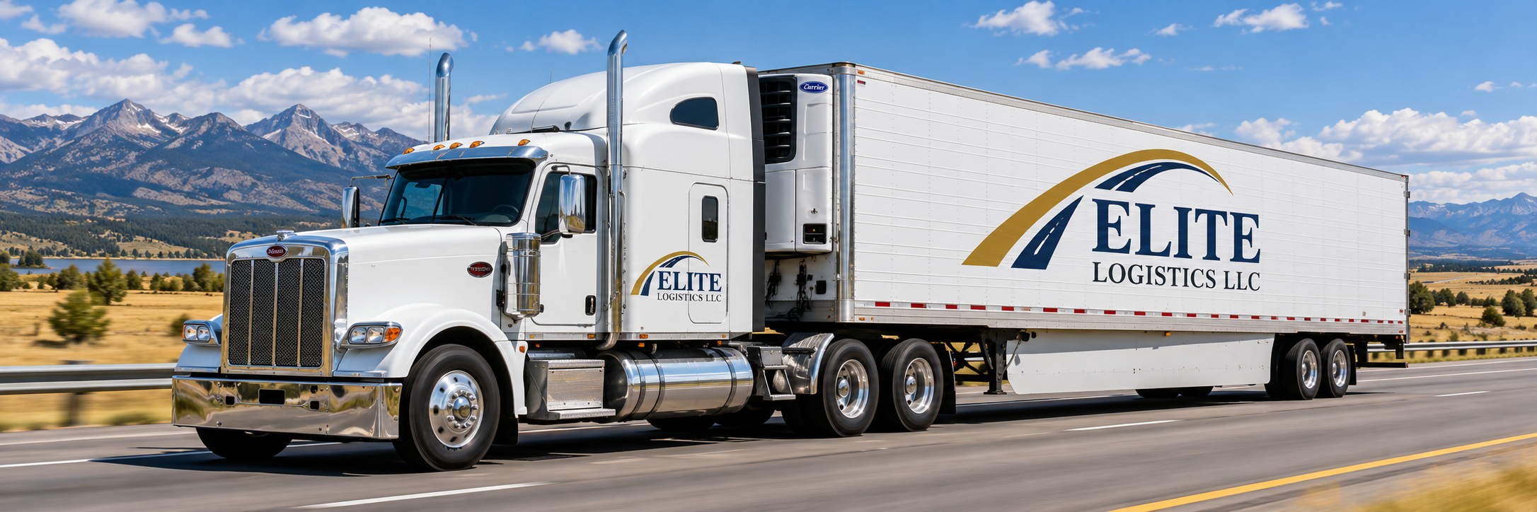 White Elite Logistics semi hauling a refrigerated trailer on a highway with mountains in the background.