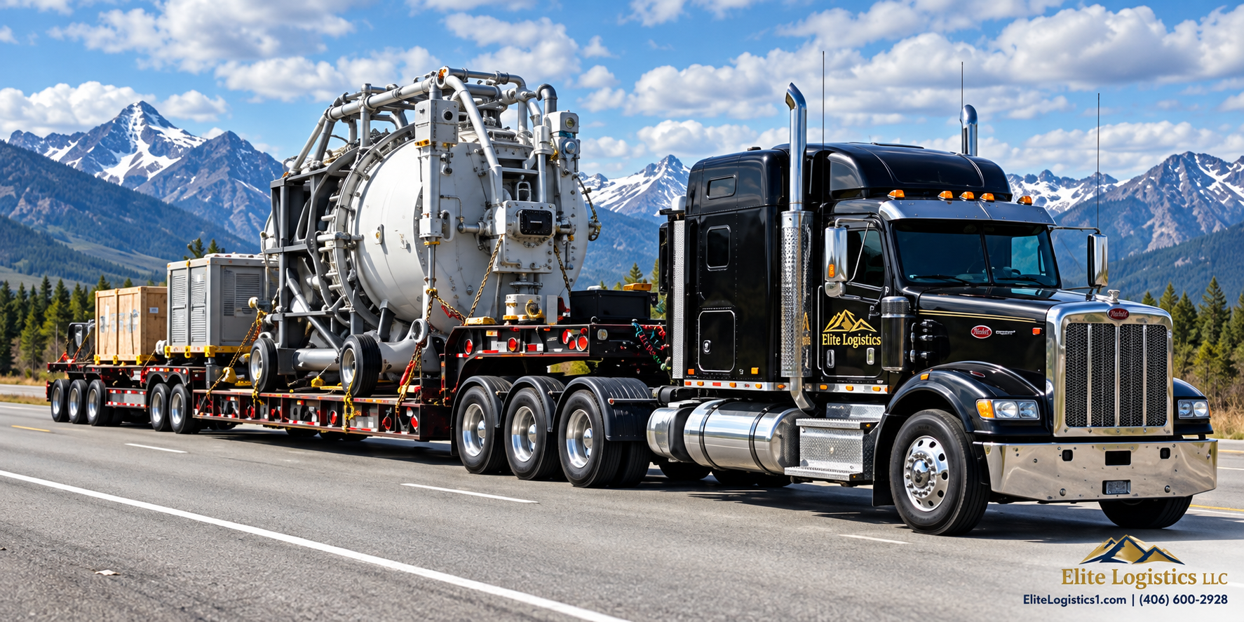 Black semi-truck hauling a large cylindrical industrial vessel and crated equipment on a lowboy trailer against a mountain backdrop.