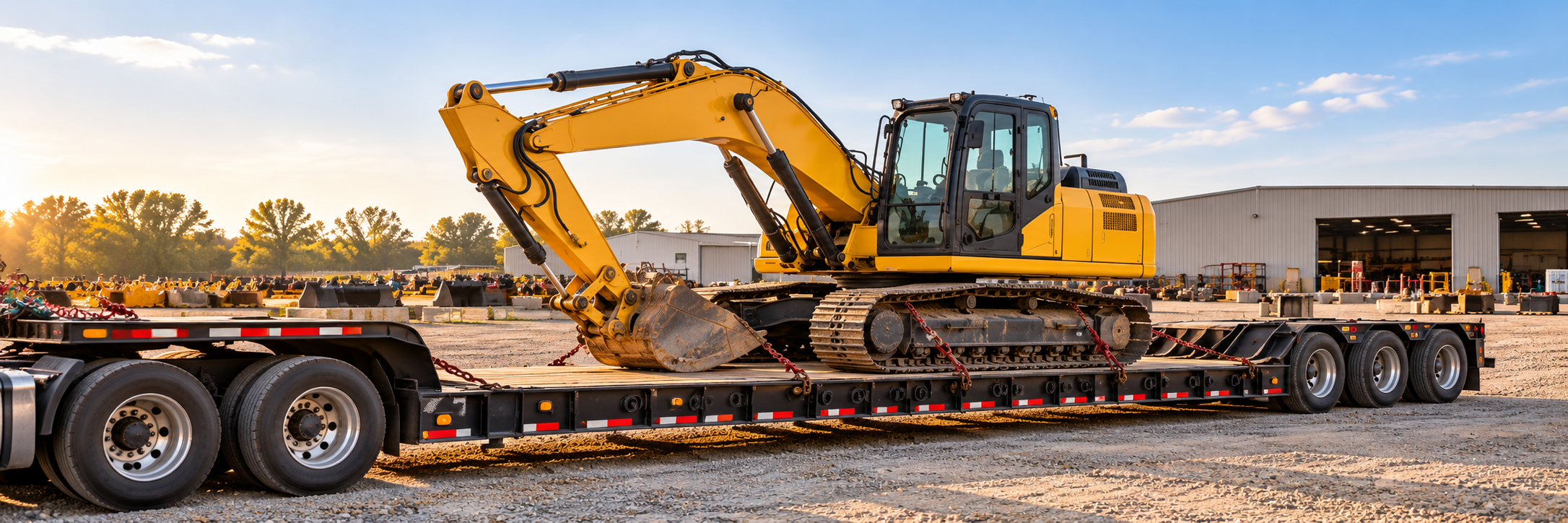 Yellow tracked excavator secured with chains on a black lowboy trailer in an equipment yard.