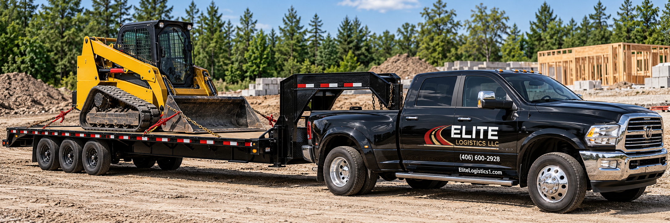 Yellow compact track loader secured on a flatbed trailer behind a black Elite Logistics pickup.