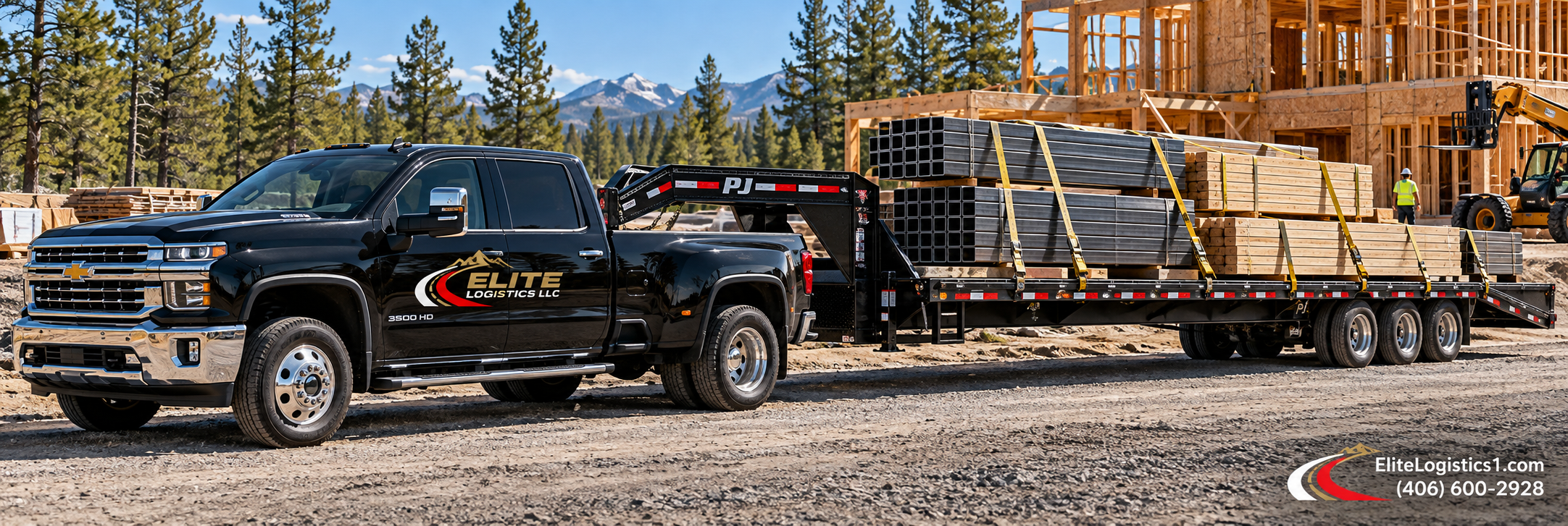 Elite Logistics pickup hauling secured steel tubing and lumber on a gooseneck trailer at a construction site.
