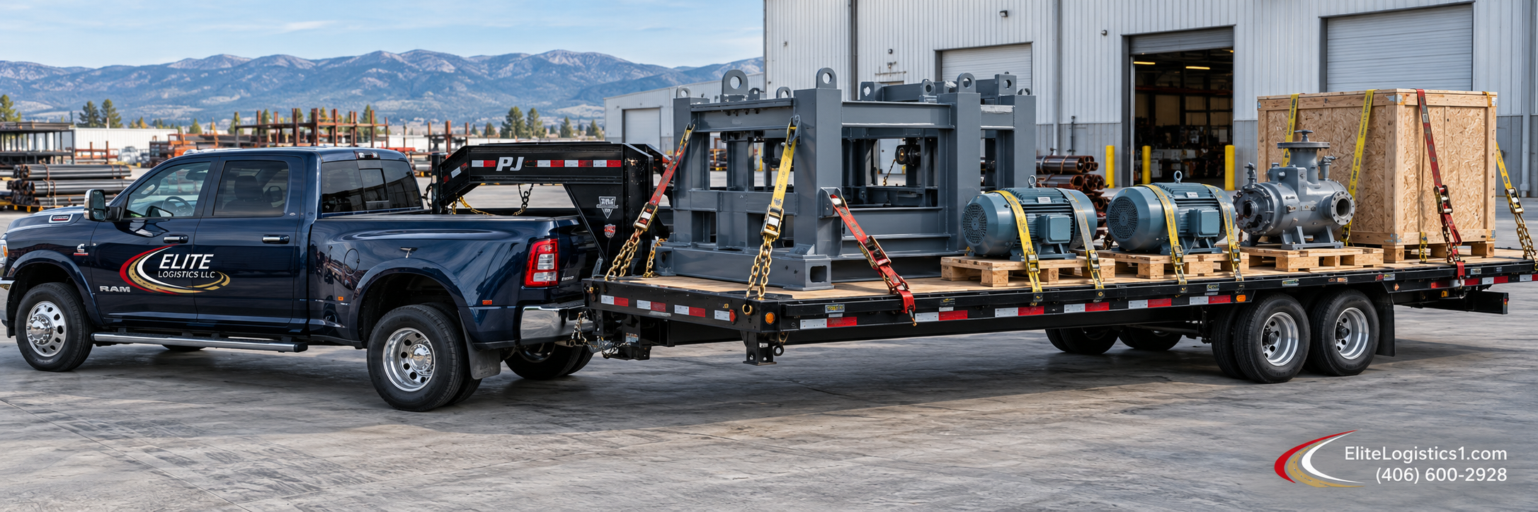 Elite Logistics pickup hauling secured steel frames, electric motors, a pump, and a wooden crate on a flatbed trailer.