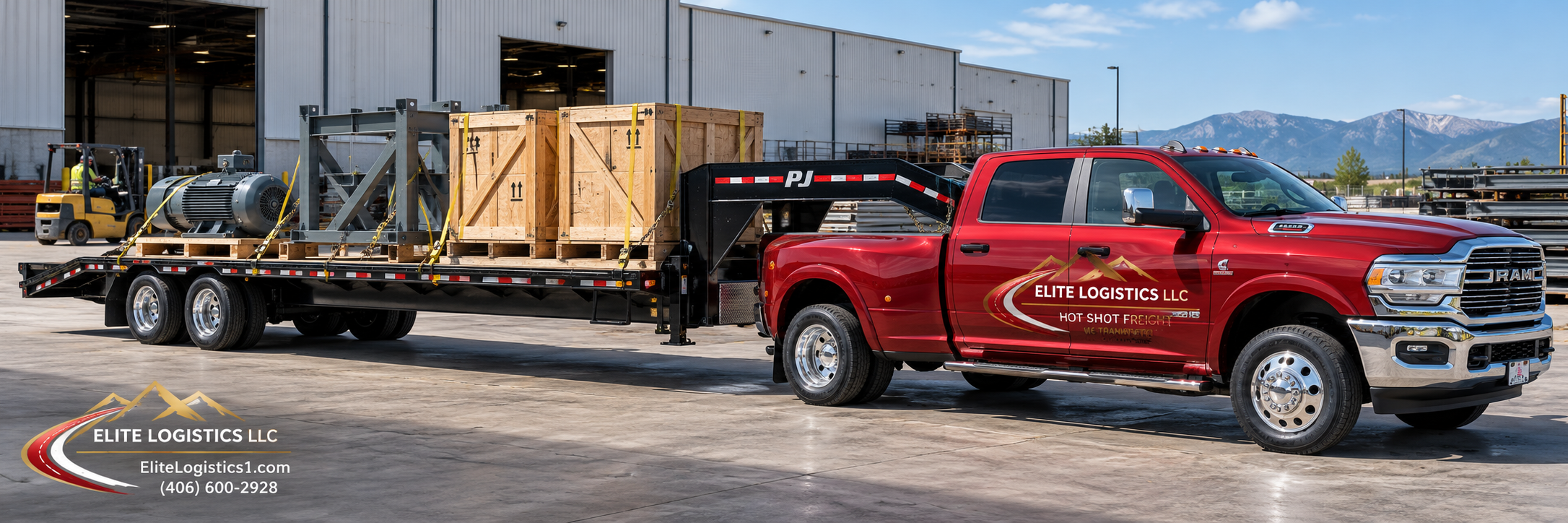 Red Elite Logistics pickup hauling an electric motor, fabricated steel frame, and wooden crates on a gooseneck trailer.
