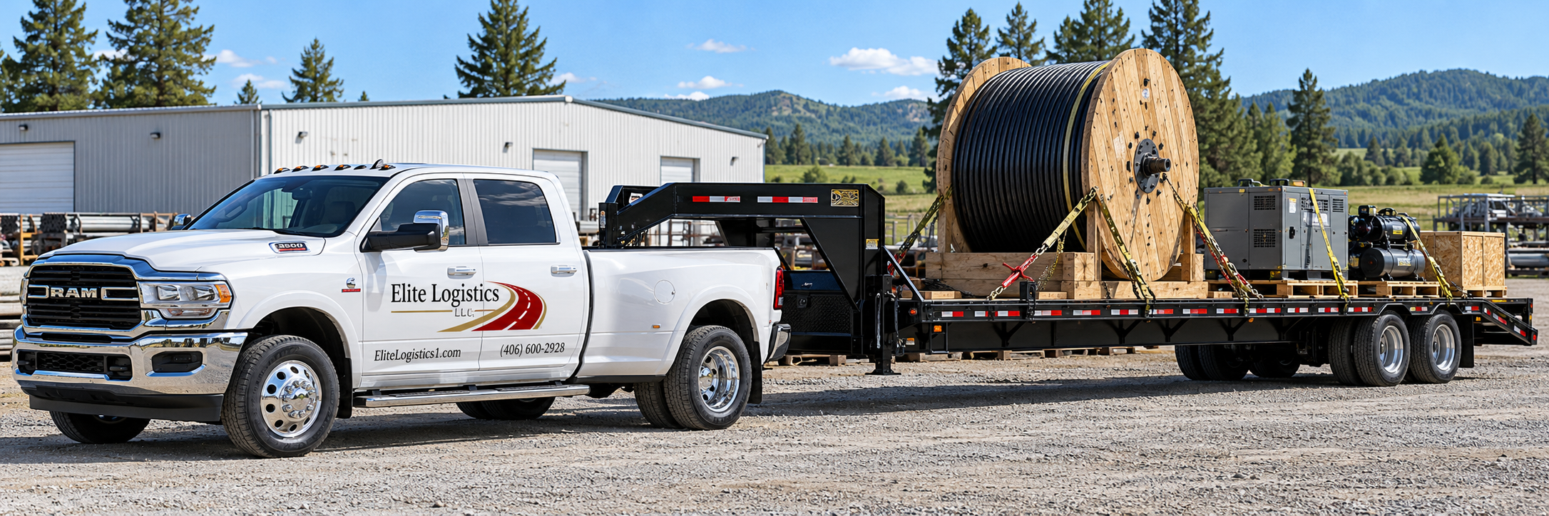 Elite Logistics pickup hauling a large industrial wire spool and equipment secured on a flatbed trailer.