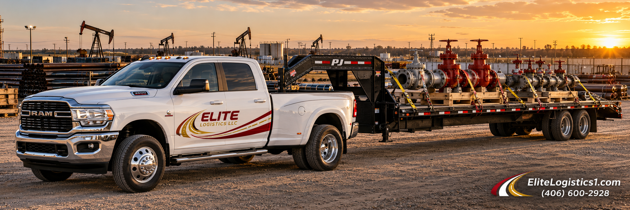 White Elite Logistics pickup hauling secured oilfield valves and pipe assemblies on a gooseneck trailer.