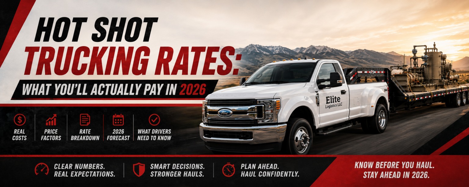 White Elite Logistics pickup hauling industrial equipment beside graphics about hot shot trucking rates and pricing factors for 2026.