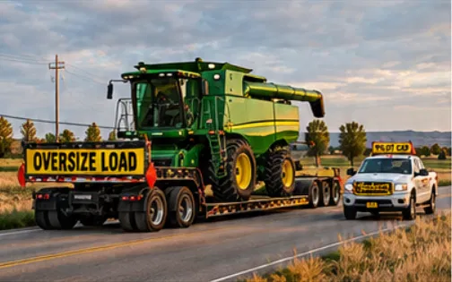 Green combine harvester on a lowboy trailer with an oversize load banner and red flags, followed by a pilot car escort on a Montana road