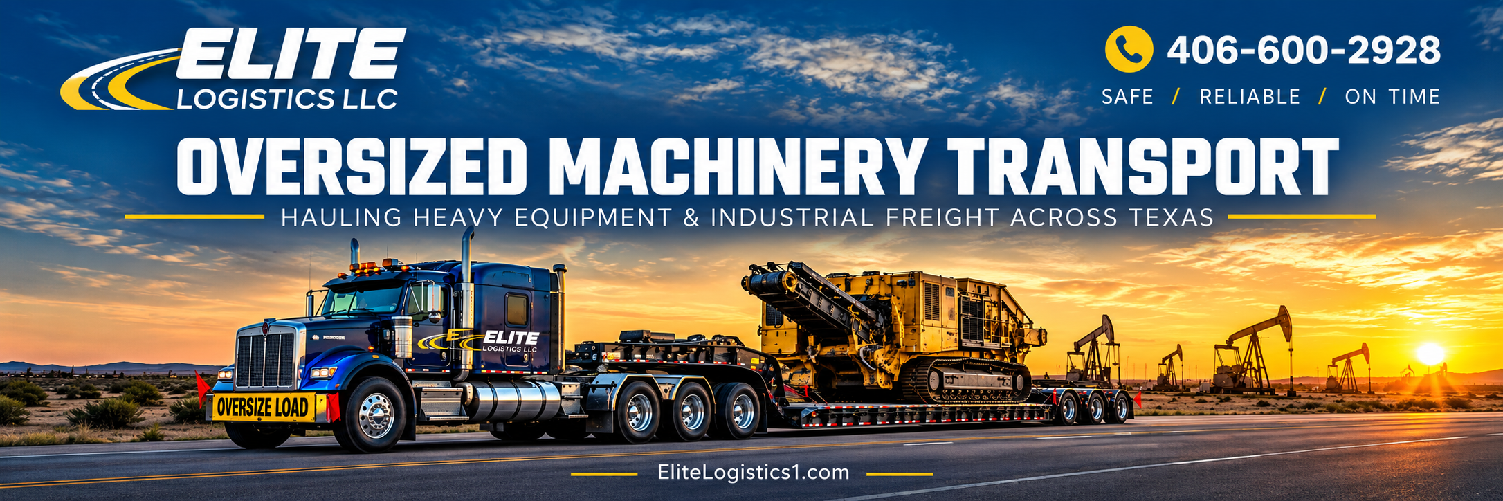 Elite Logistics semi hauling oversized tracked machinery on a lowboy trailer past Texas oilfield pumpjacks at sunset.