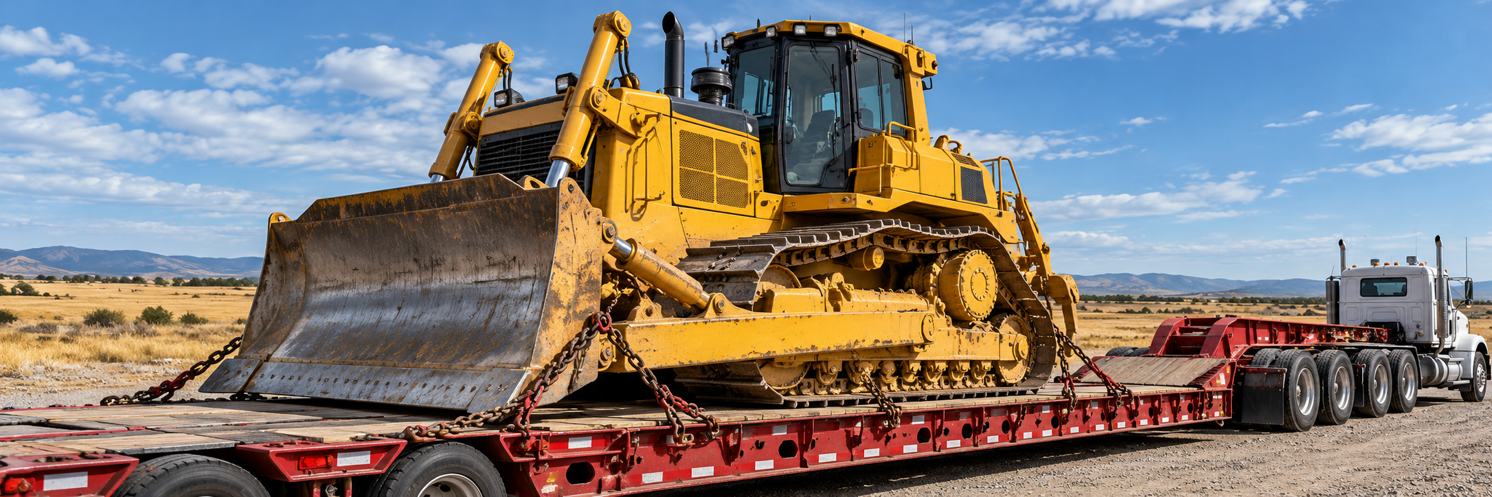 Large yellow bulldozer with its cab, tracks, and blade visible, secured on a red lowboy trailer.