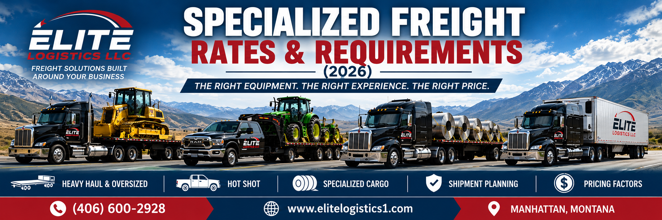 Elite Logistics banner featuring trucks hauling construction equipment, farm machinery, and steel coils.