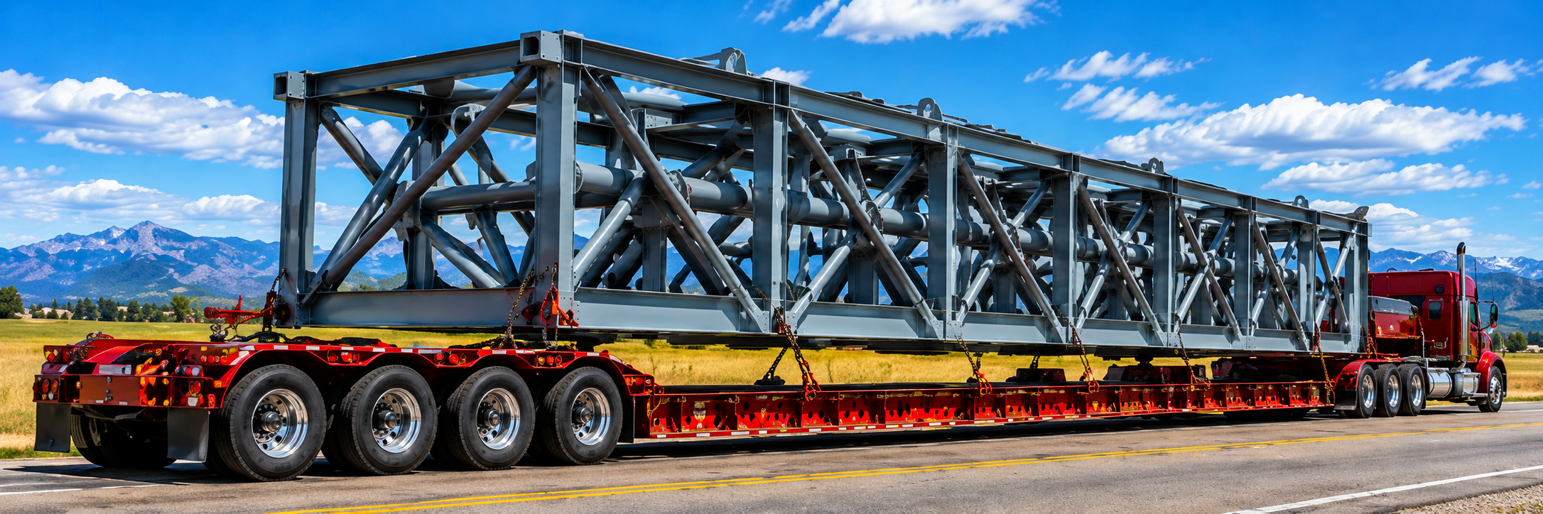 Red semi hauling a large steel framework on a multi-axle lowboy trailer.