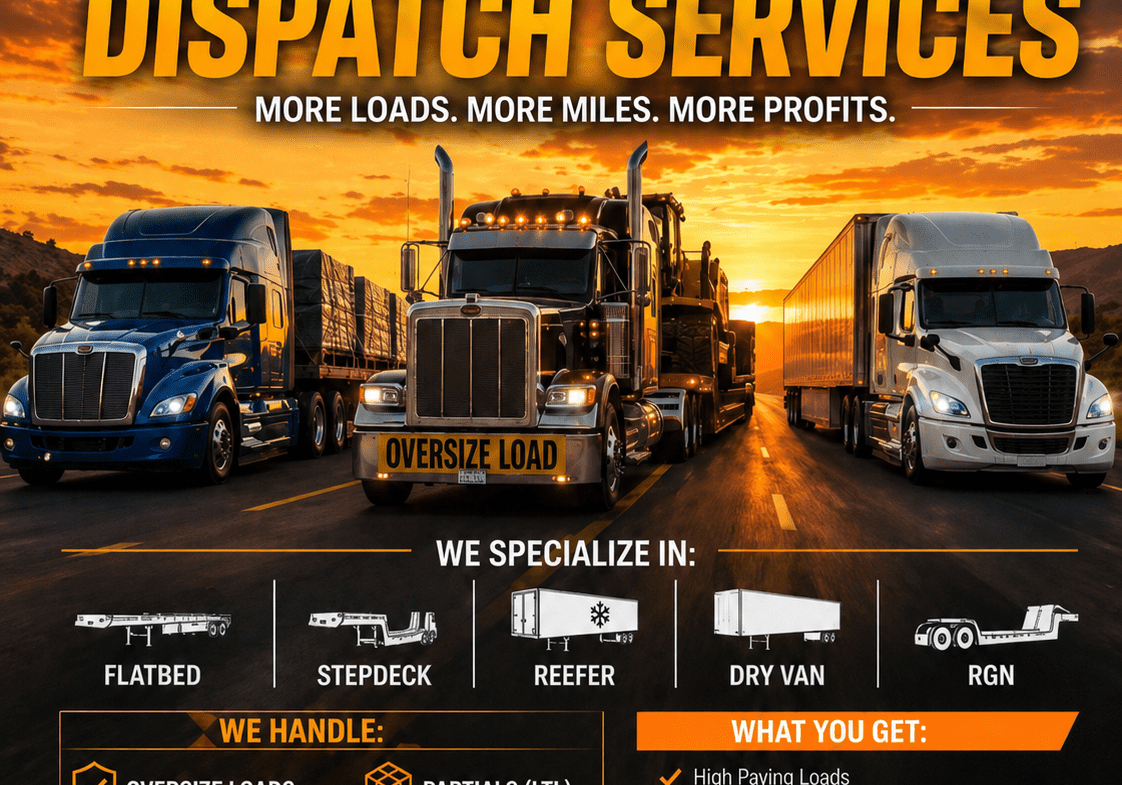 Professional trucking dispatch services advertisement with trucks
