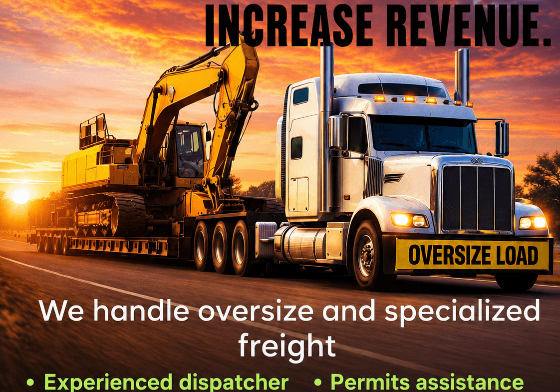 Semi truck hauling excavator oversized load