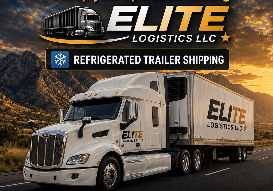White Elite Logistics refrigerated semi truck at sunset